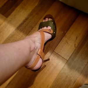 Guess Leather/ Fabric Studded Sandal with 4 1/2 " heel